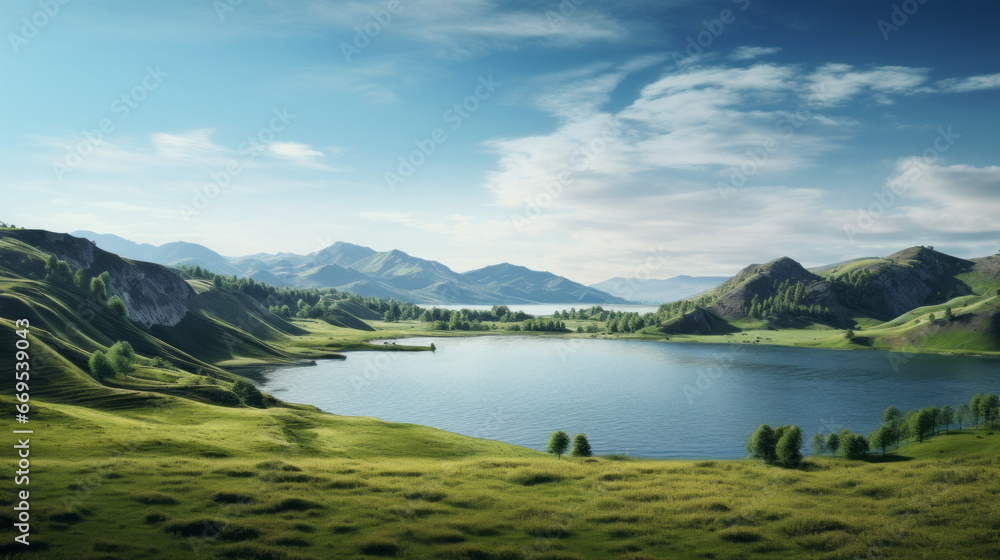 A tranquil lake surrounded by rolling hills