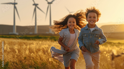 Two children run across a field and play in front of wind turbines.