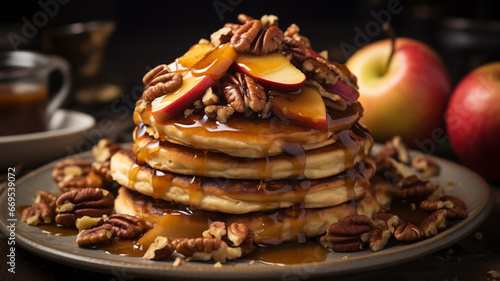 Delicious autumn pancake stack with baked apples, pecans and cinnamon topped with maple syrup photo