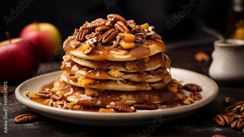 Delicious autumn pancake stack with baked apples, pecans and cinnamon topped with maple syrup © Artofinnovation