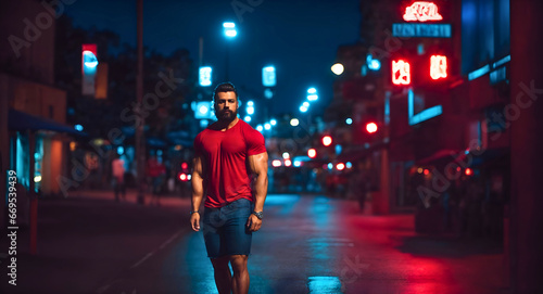 Muscular and handsome man with long beard standing on a city street at night, wearing red t-shirt and shorts, looking at the camera, night city lights illuminating on the streets, blurred background