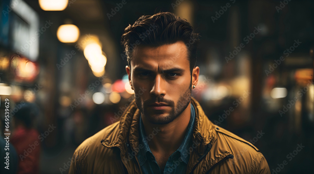 Handsome young male model with determined look on his face and short trimmed beard, wearing blue shirt, and yellow leather jacket, blurred street full of people in the background - obrazy, fototapety, plakaty 