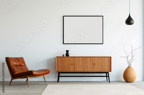a white room with a black wooden frame mockup, in the Modern living room,  quirky characters and furnitures, light brown and light amber, midcentury modern, with wall art empty frame, mock up wall art photo