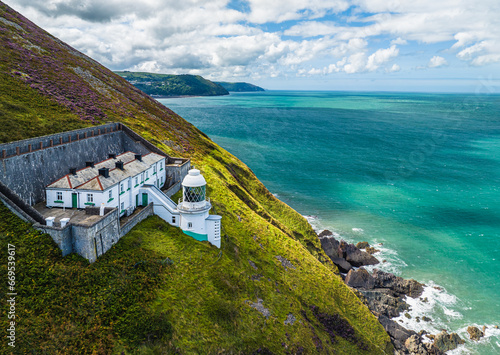 The Lighthouse Keepers Cottage from a drone, Foreland Point, Lynton, Devon, England, Europe photo