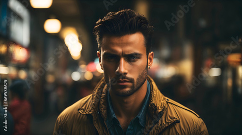 Handsome young male model with determined look on his face and short trimmed beard, wearing blue shirt, and yellow leather jacket, blurred street full of people in the background