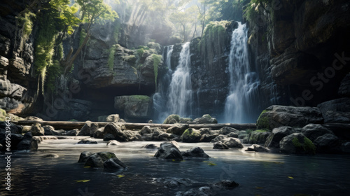 A tranquil and serene waterfall, cascading over the rocks