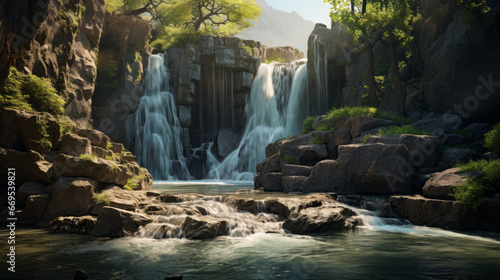 A tranquil and serene waterfall  cascading over the rocks