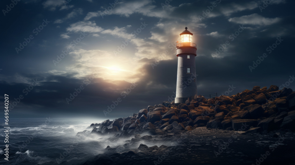 A towering lighthouse stands sentinel over the shoreline, its beam of light cutting through the darkness