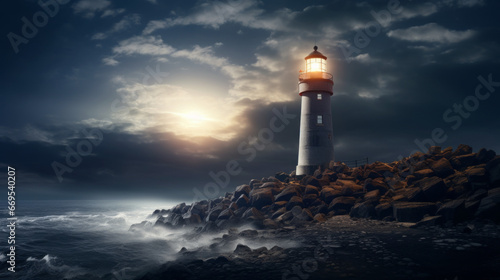 A towering lighthouse stands sentinel over the shoreline  its beam of light cutting through the darkness