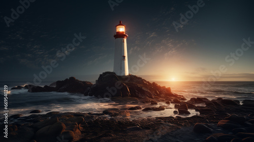 A towering lighthouse stands sentinel over the shoreline, its beam of light cutting through the darkness