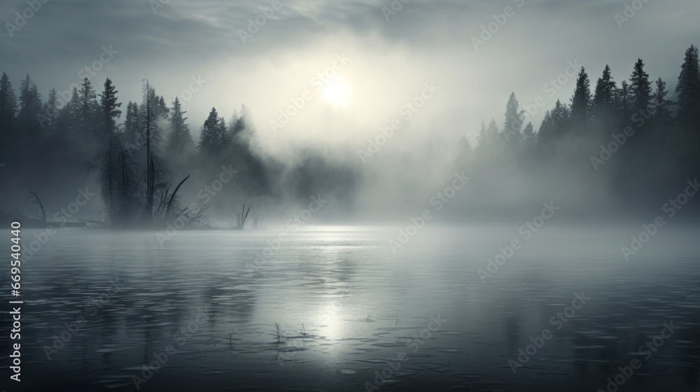 Fototapeta premium A thick, white fog slowly rolling across a serene lake