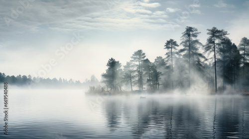 A thick, white fog slowly rolling across a serene lake