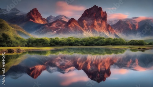 Amazing impactful and unique landscape at sunset by the lake and mountain on the horizon, can be used as wallpaper, Landscape concept, generative ai © João Macedo
