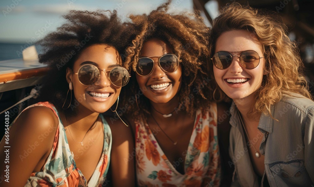 Joyful Summer Vacation with Curly Haired Friends and Sunglasses