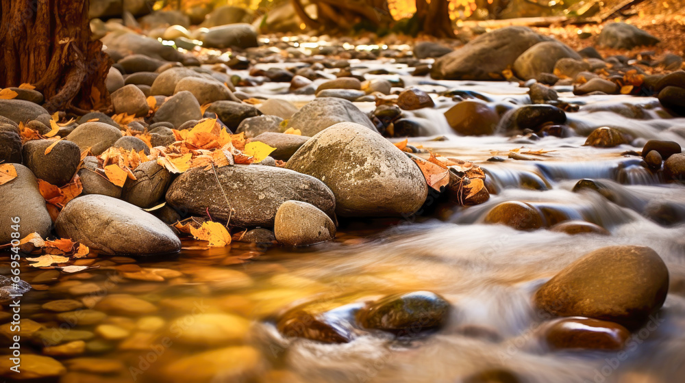 Captivating autumnal scene showcasing a gently flowing stream surrounded by smooth stones and vivid fall leaves, embodying the essence of nature's tranquility and the changing seasons