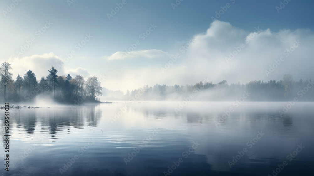 A thick fog rolling in over a still lake in the early morning