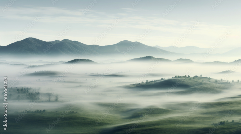 A thick fog blankets a misty valley, the grassy hills obscured by the eerie haze