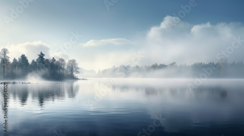 A thick fog rolling in over a still lake in the early morning © Textures & Patterns