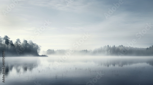 A thick fog rolling in over a still lake in the early morning photo