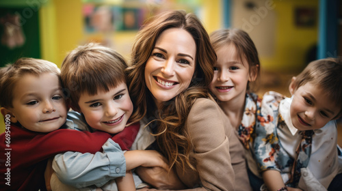 A teacher in a kindergarten or elementary school surrounded by her students.