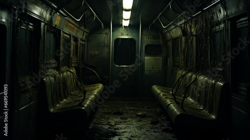 Terrifying shot of abandoned subway car, dirt, water, fresh mold.  © Yuliia Litvinova