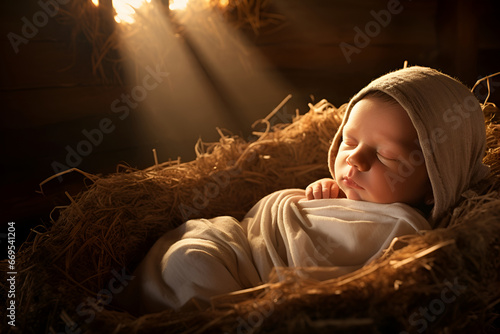 Baby Jesus is lying in the manger on the hay, Nativity of Jesus photo