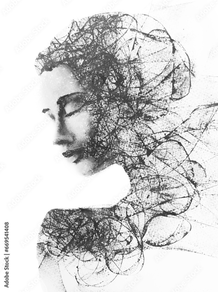 An abstract black and white double exposure female portrait An abstract black and white double exposure female portrait