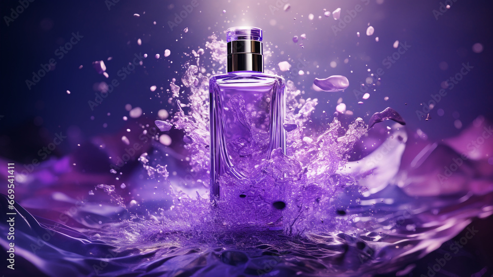 Glass perfume bottle on sulfur background, with splashes of purple water, glitter and shimmer.
Glass perfume bottle on sulfur background, with splashes of purple water, glitter and shimmer.