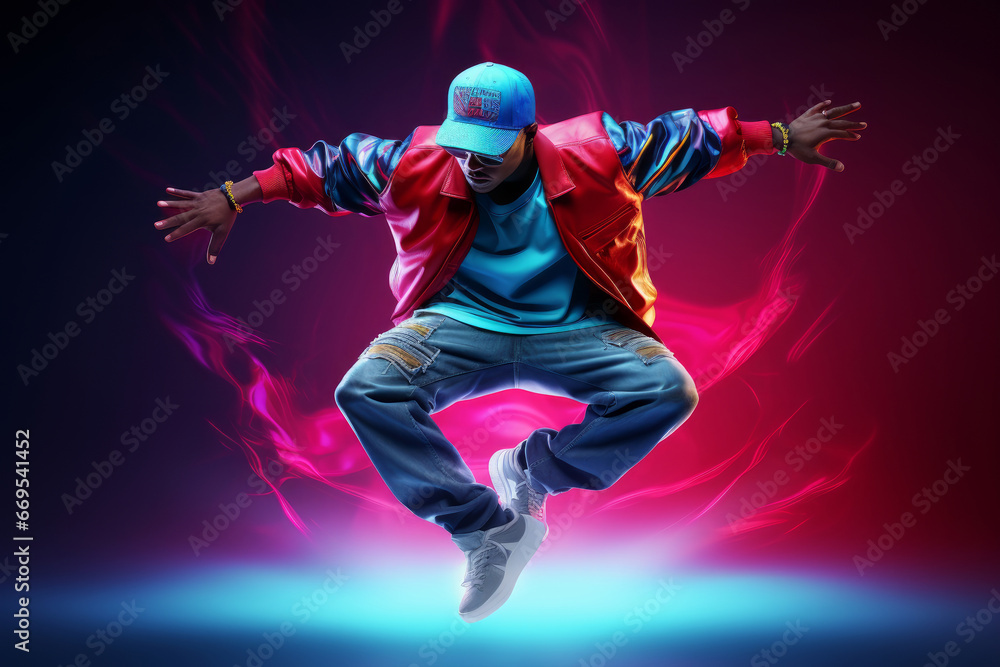 A young emotional guy is a dancer dancing breakdance, hip-hop in action, movement, jumping in neon lighting. - obrazy, fototapety, plakaty 