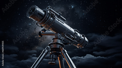 A telescope on a tripod, pointed towards the night sky