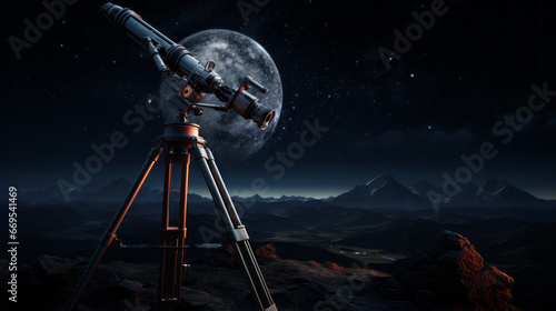 A telescope on a tripod, pointed towards the night sky