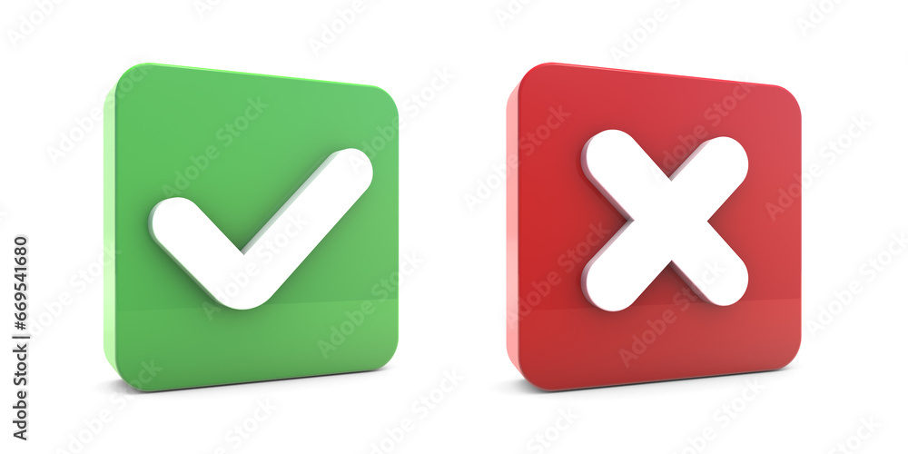 Right and wrong buttons 3d isolated on transparent background. Yes and no 3d icon. rectangle shape icons buttons with check and cross mark. Right and wrong buttons 3d isolated on transparent background. Yes and no 3d icon. rectangle shape icons buttons with check and cross mark.