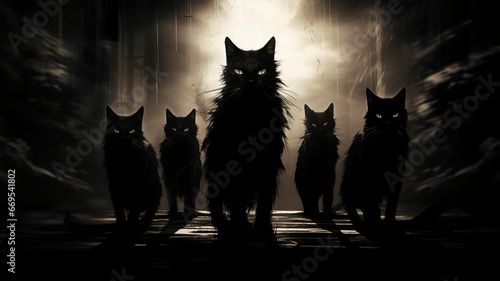 In dimly lit alleyways, black cats with piercing yellow eyes roam silently, adding an eerie atmosphere to the darkness.