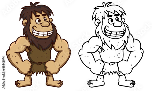 Caveman cartoon vector illustration , primitive humans , prehistoric muscular man mascot character colored and black and white line art vector image