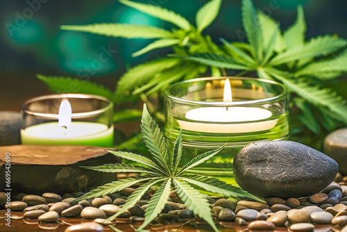 Harmony, healing, spa relaxing and mental health background with burning candles, natural marijuana Leaves and pebble. Medicine marijuana cannabis, sativa leaf for relaxing and good health