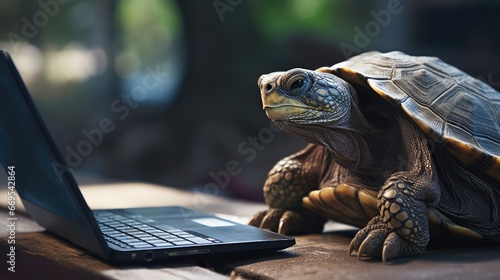 Majestic Tortoise Coexisting with Technology: Laptop Companion in Serene Setting photo