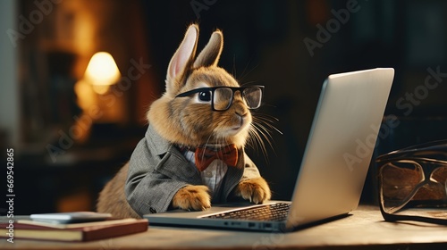 Fototapeta Naklejka Na Ścianę i Meble -  Smart and Dapper Bunny with Eyeglasses and Laptop Working at Desk