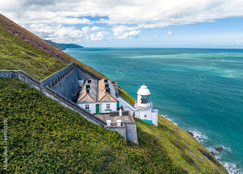 The Lighthouse Keepers Cottage from a drone, Foreland Point, Lynton, Devon, England, Europe photo