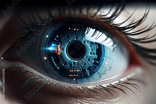 Closeup view of normal human eye with cybernetic pupil. Neural network generated photorealistic image. Not based on any actual person or scene.