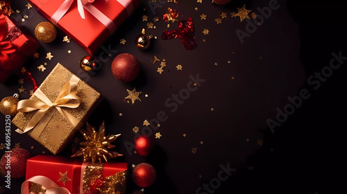 Top view of Christmas gift boxes with ribbon on dark red background decorated with ornaments and stars .Christmas and New years composition background.AI Generative.