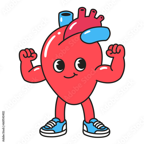 Cartoon heart character flexing biceps muscles