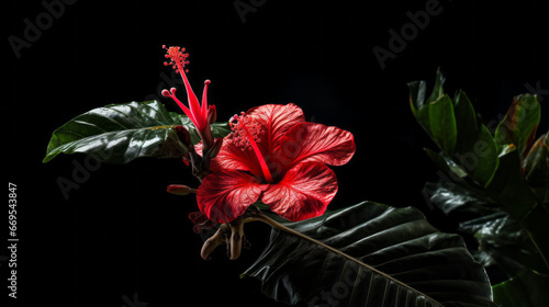 A tall, thin-leafed tropical plant with a single red blossom