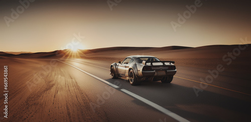 immagine di aggressiva auto sportiva su una strada solitaria in un paesaggio desertico al tramonto