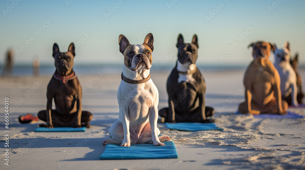 French bulldog sitting on a yoga mat on the beach - obrazy, fototapety, plakaty 