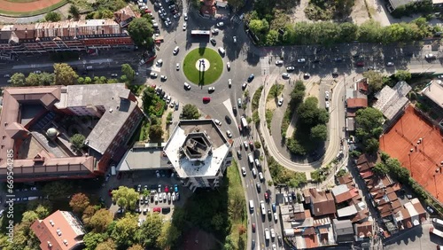 Aerial Drone Shot of Modernist residential tower, a Toblerone building, an exemple of Brutalist Architecture in Belgrade photo