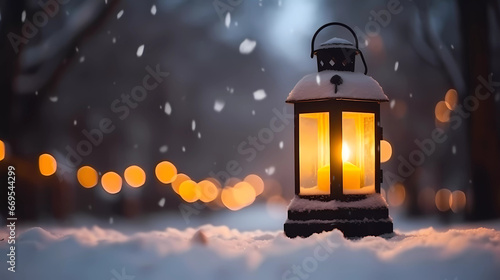 Christmas light lantern with blurred bokeh snow drop background.AI generative. © Spaces