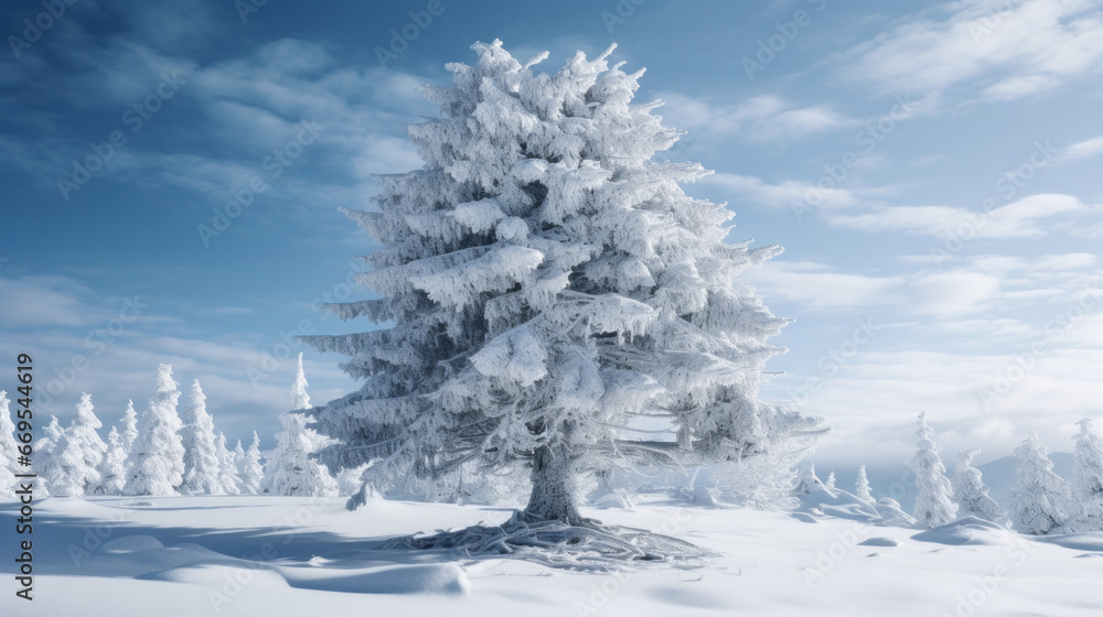 A tall, snow-covered pine tree standing in a winter wonderland A tall, snow-covered pine tree standing in a winter wonderland