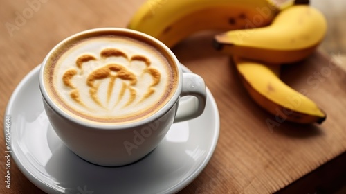 Cup of cappuccino and banana on wooden table, closeup. Coffee concept with a copy space.