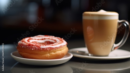 Coffee cup and donut on a table in a cafe. Coffee concept with a copy space.