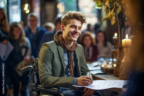A young man in a wheelchair is sitting in a cafe and making notes on paper